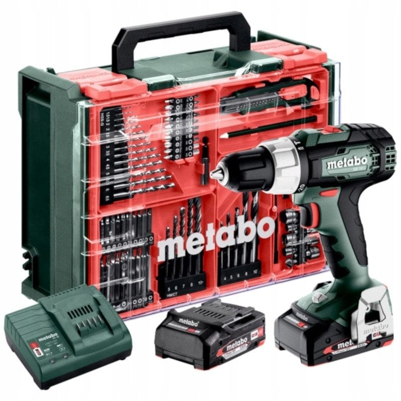 METABO.SB 18 L Mobile workshop + 2 Li-Ion batteries 18V/2.0 Ah with charger SC 30 + 74 elements