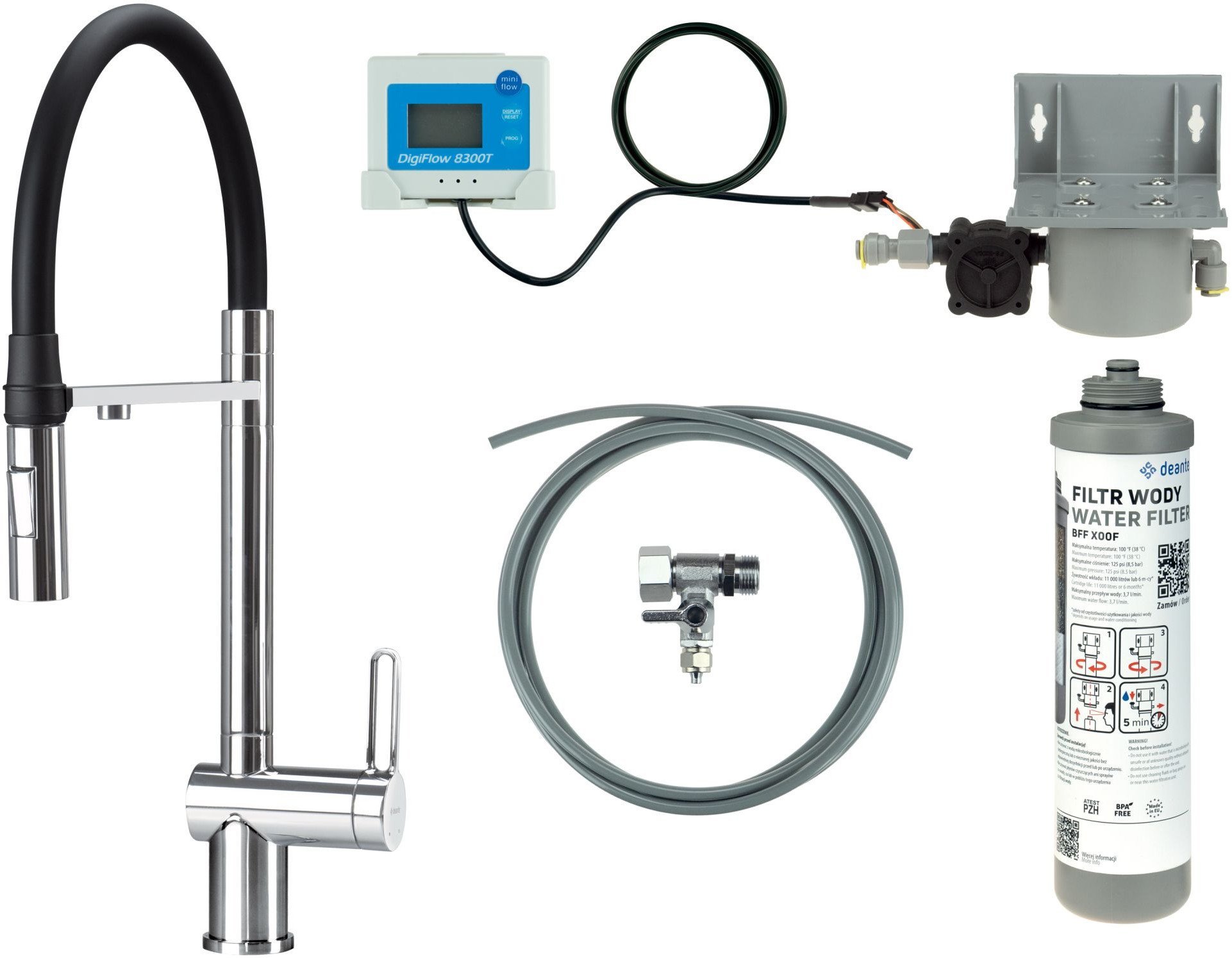 Deante Bateria kuchenna z zestawem do filtracji wody z elastyczną wylewką