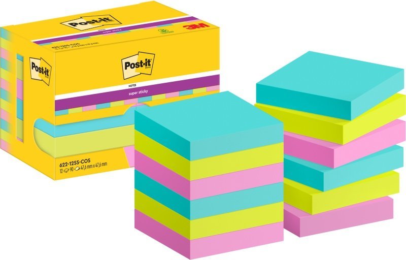 Post-It 3M Karteczki samoprzylepne POST-IT® Super Sticky Notes, 47,6x47,6mm, 12x90 kart., paleta Cosmic