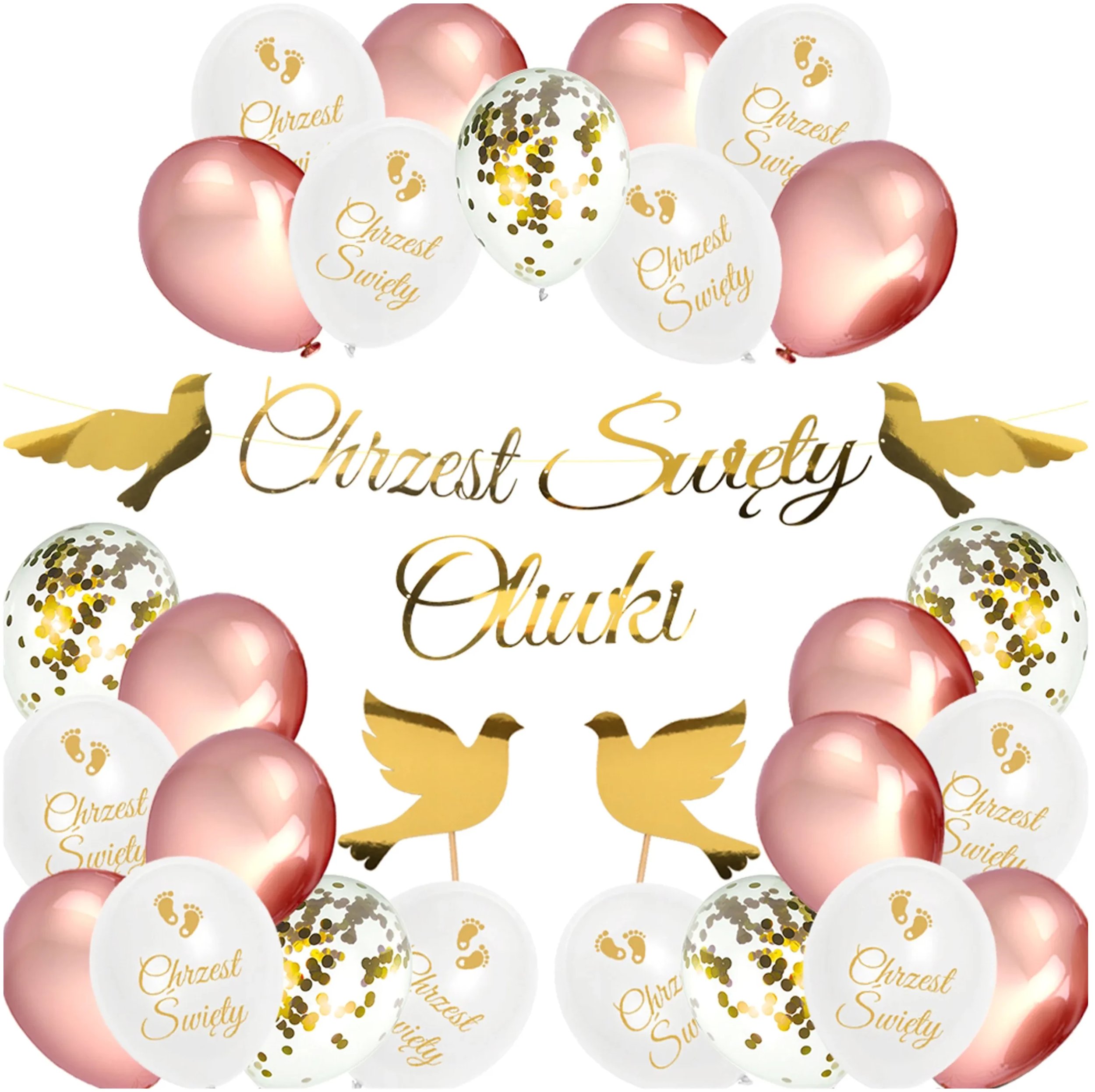 Balony Rose Gold Topper Gołębie Baner Z Imieniem Chrzest Święty -