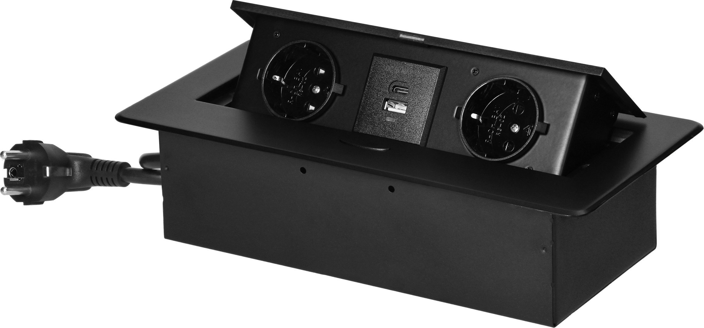 Orno Gniazdo meblowe wpuszczane w blat z płaskim frezowanym rantem, ładowarką USB i przewodem 1,5m, 2x2P+Z (Schuko), 2xUSB (typ A+C; 3,6A), czarne