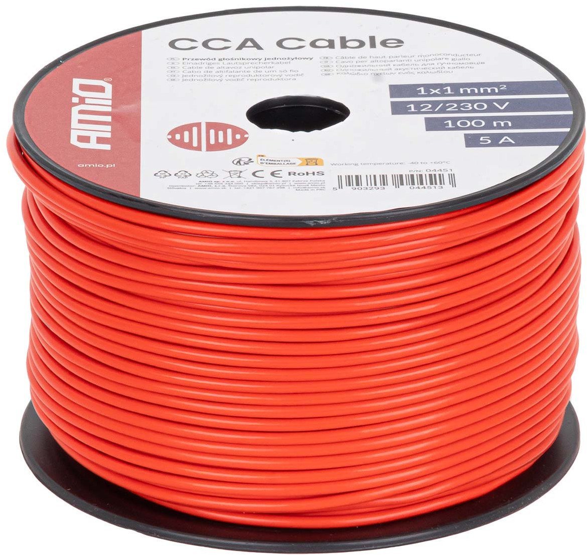 Przewód jednożyłowy czerwony cca 1x1mm2 100m 5a 12/230v amio-04451