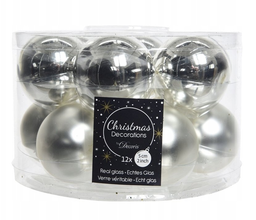 Bombki choinkowe szklane 5 cm srebrne zestaw 12 sztuk błysk i mat