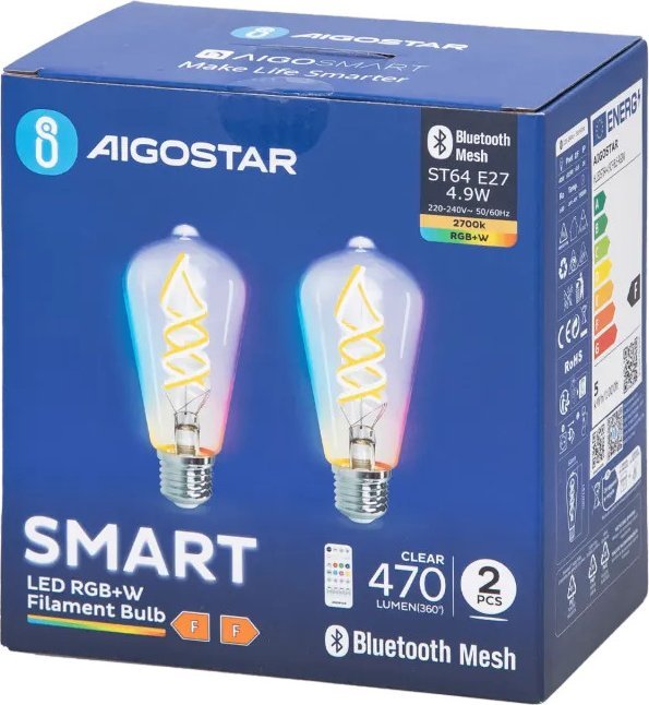 Aigostar Inteligentna żarówka Bluetooth Mesh ST64 4.9W RGBW 2 szt. Inteligentna żarówka Bluetooth Mesh ST64 4.9W RGBW 2 szt.