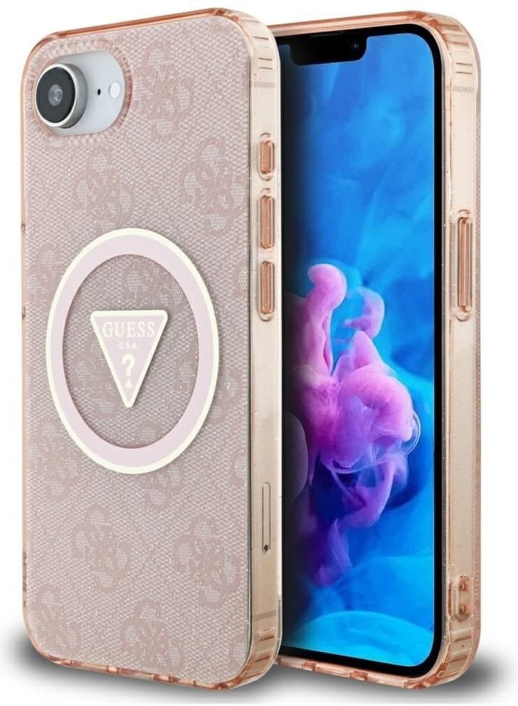Case Guess IML Metal Glitter 4G Circle Triangle MagSafe for iPhone 16e pink