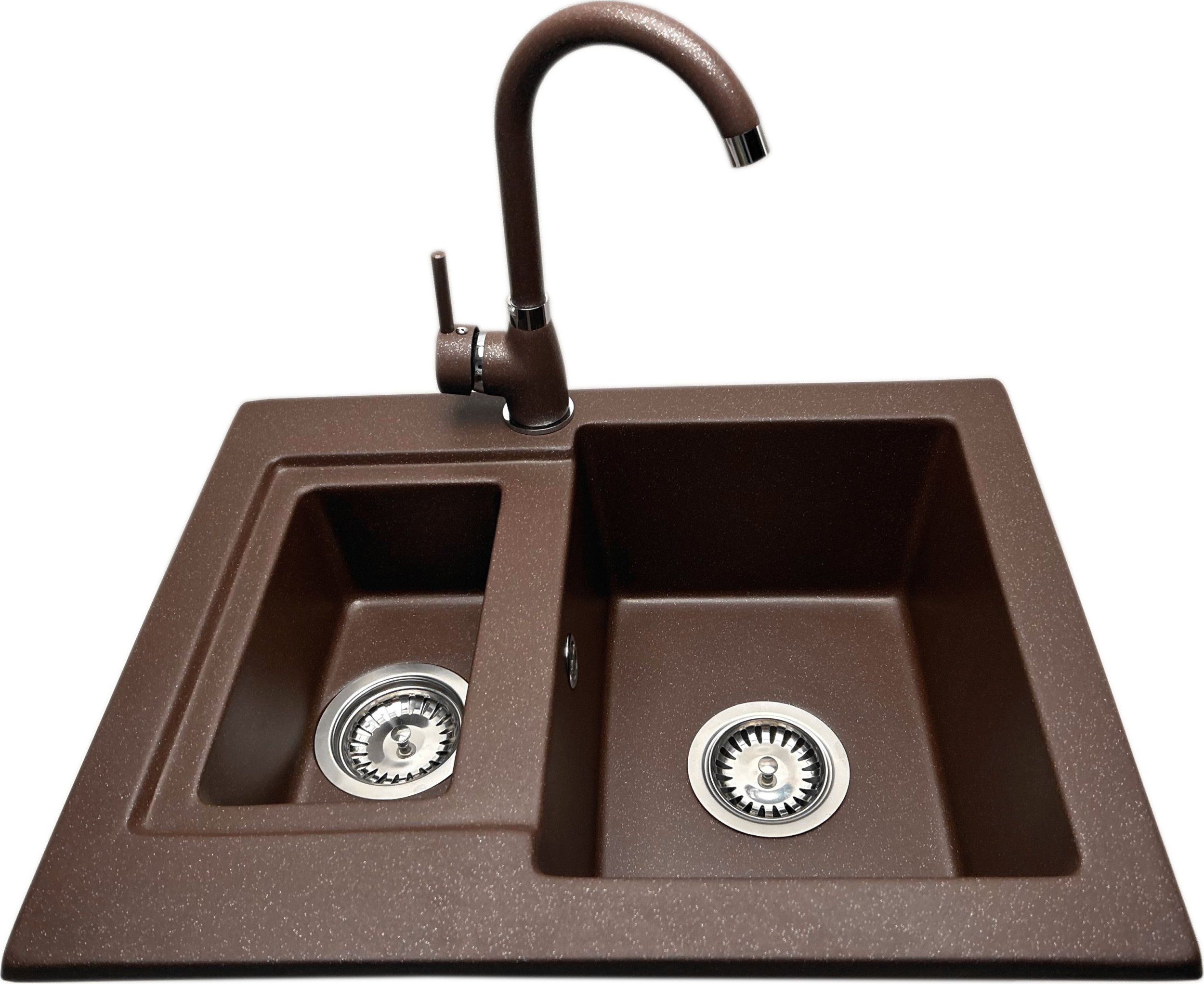 Zlewozmywak PREHNIT Zlewozmywak 1,5 komorowy GALIA brąz metalik z małą komorą po lewej stronie + bateria NOON
