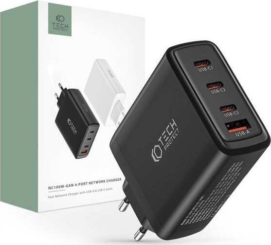 Ładowarka Tech-Protect TECH-PROTECT NC100W-GAN 4-PORT NETWORK CHARGER PD100W/QC3.0 BLACK
