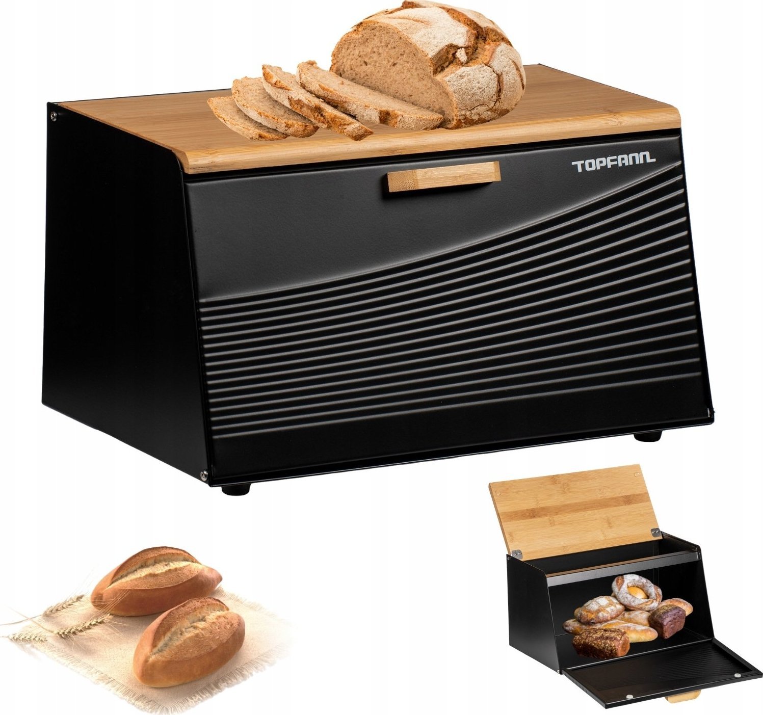 Chlebak Topfann CHLEBAK POJEMNIK METALOWY Z DESKĄ BAMBUSOWĄ NA CHLEB PIECZYWO CZARNY DUŻY