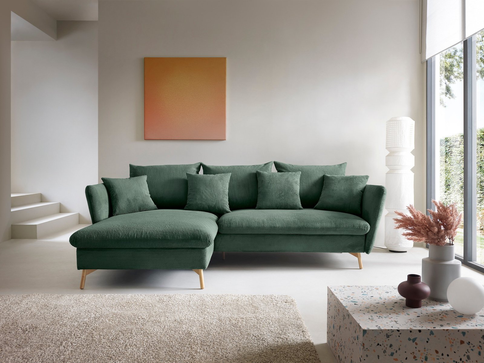 Narożnik MORRE lewostronny sztruks Poso 14 butelkowa zieleń funkcja spania skandynawski