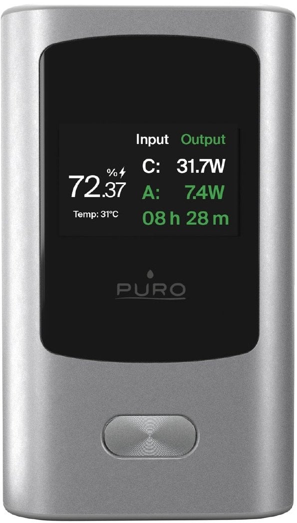 Puro Powerbank 10000mAh, 1xUSB-A + 1x USB-C, 45W, con Display, Grigio Scuro