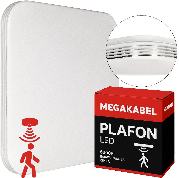 Lampa sufitowa plafon LED 36W kwadrat zimna barwa + CZUJNIK RUCHU PIR CX-33 MEGAKABEL
