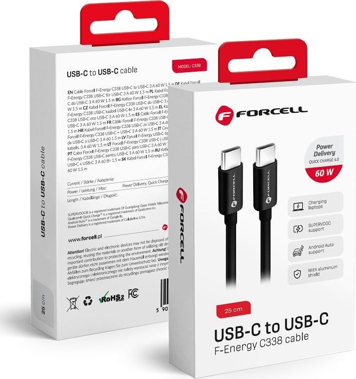 Kabel USB ForCell USB-C - USB-C 0.25 m Czarny