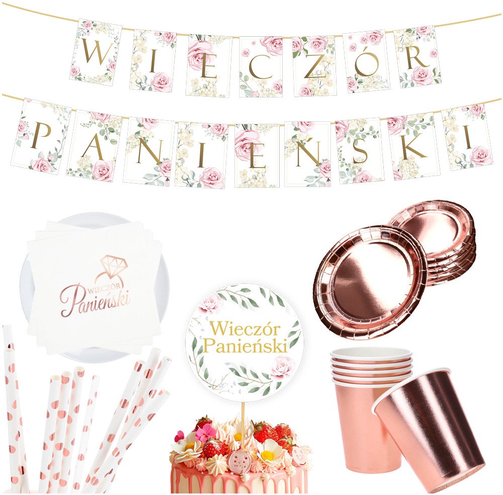 Zestaw Wieczór Panieński Kubeczki Talerzyki Topper Baner Rosegold