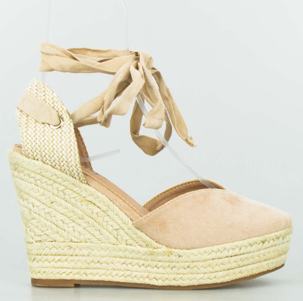 Wolski Sandały na plecionym koturnie z wiązaniem beżowe-37