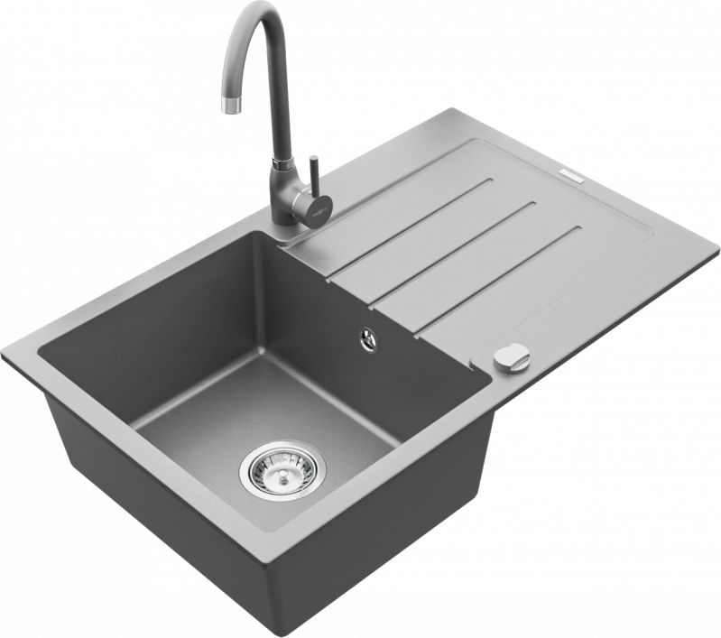 Zlewozmywak Mexen Mexen Bruno zlewozmywak granitowy 1-komorowy z ociekaczem i baterią kuchenną Telma, szary - 6513-71-670200-71