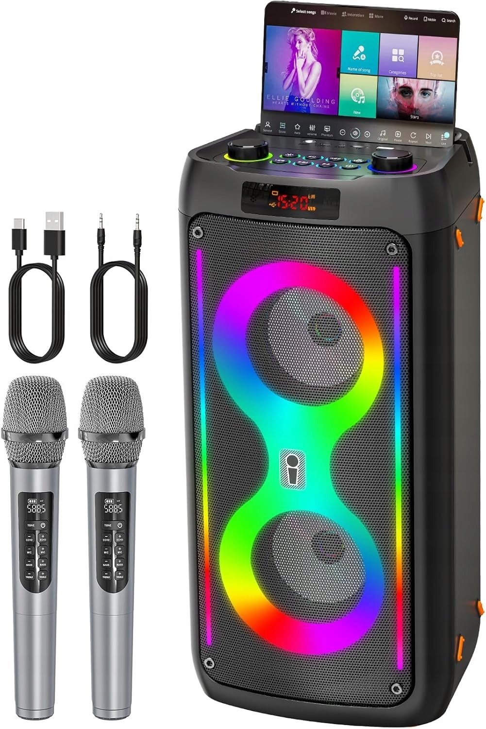 JAPOUCA Głośnik do karaoke Bluetooth z 2 bezprzewodowymi mikrofonami
