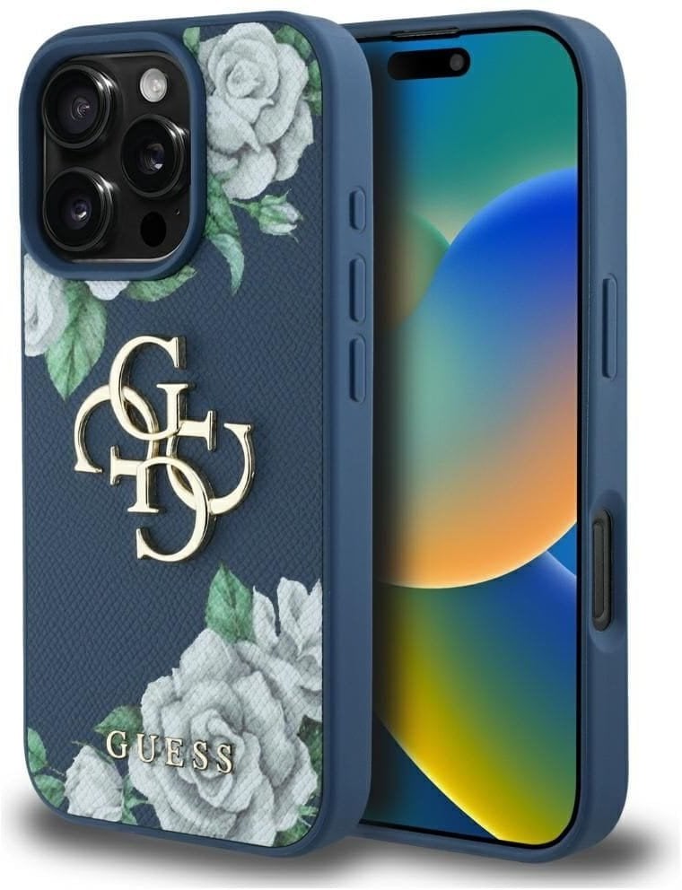 Etui Guess Grained Roses Big 4G logo do iPhone 16 Pro niebieski
