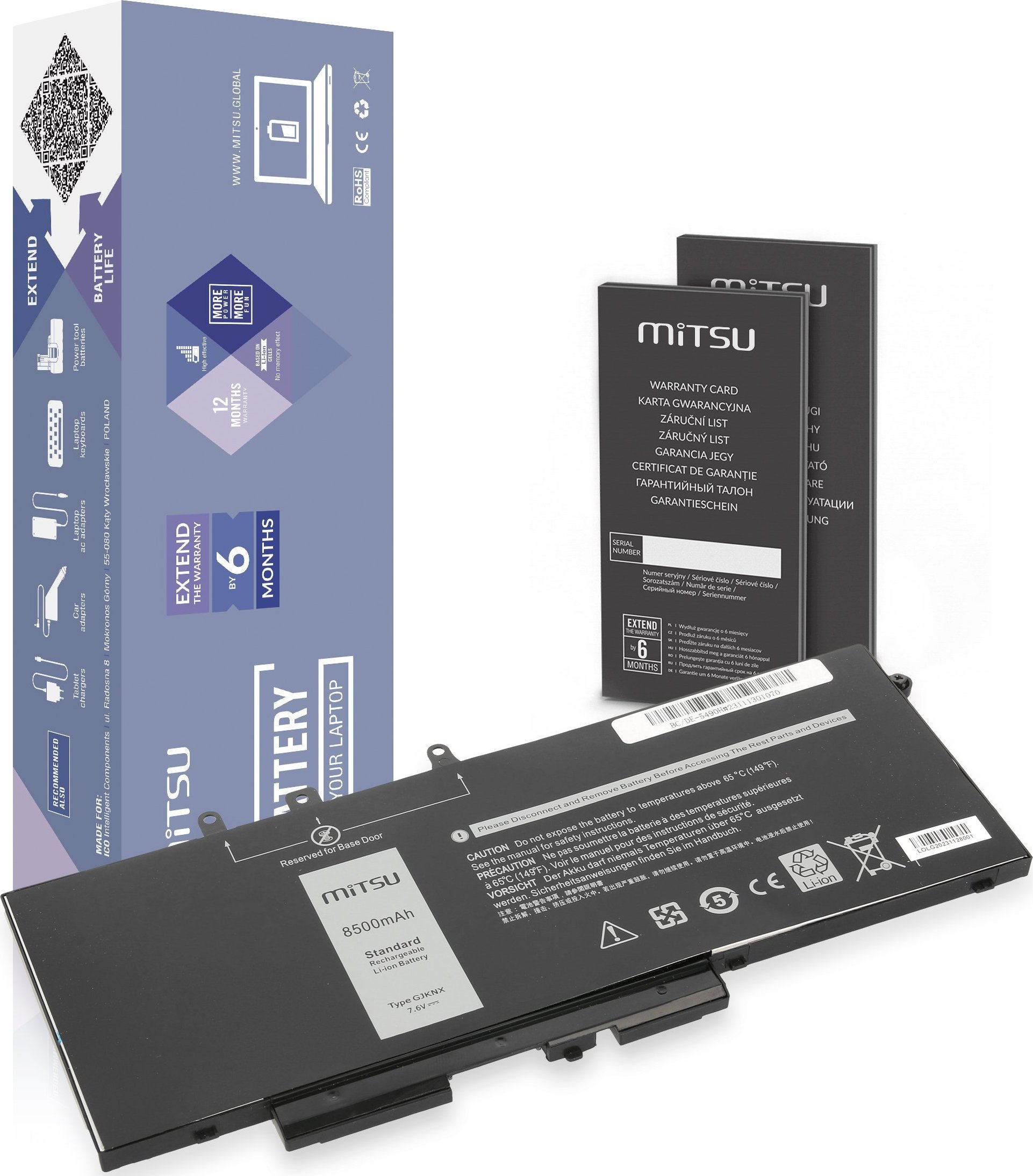 Bateria Mitsu Bateria GJKNX do Dell Latitude 5280 5480 5490 5590 8500mAh