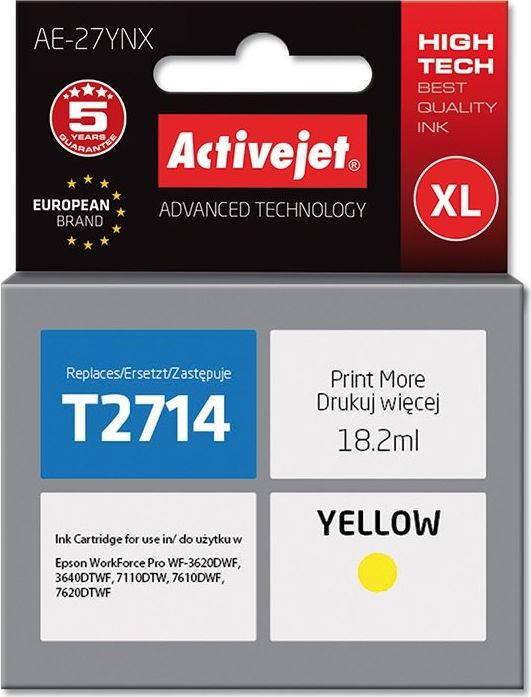 Tusz Activejet Activejet Tusz Activejet AE-27YNX (zamiennik Epson 27XL T2714; Supreme; 18 ml; żółty)