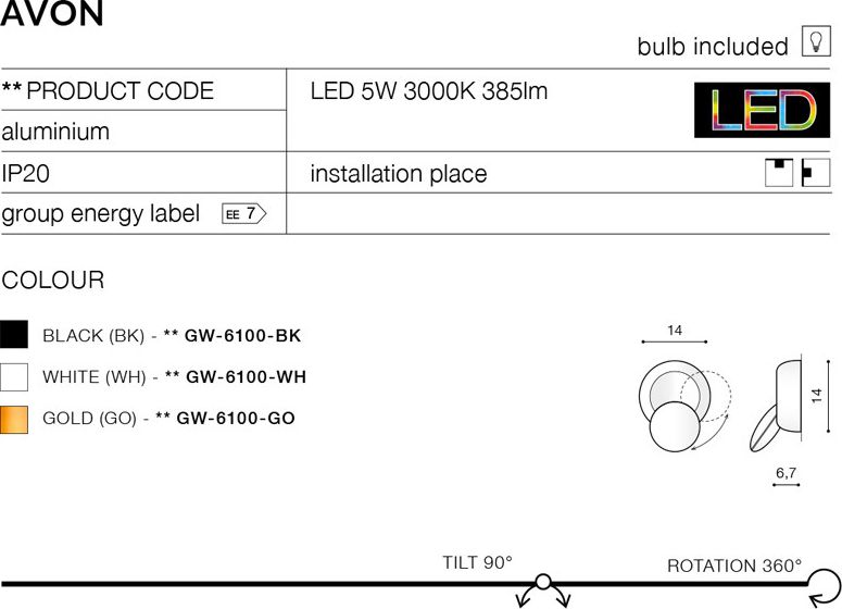 Kinkiet Azzardo Avon 1x5W LED (GW-6100-WH)