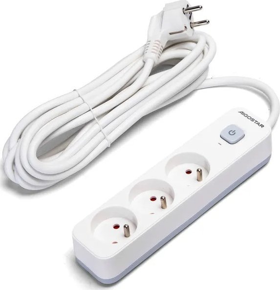 Aigostar Francuski przedłużacz 3-gniazdowy z wyłącznikiem biało-szary 5m Francuski przedłużacz 3-gniazdowy z wyłącznikiem biało-szary 5m