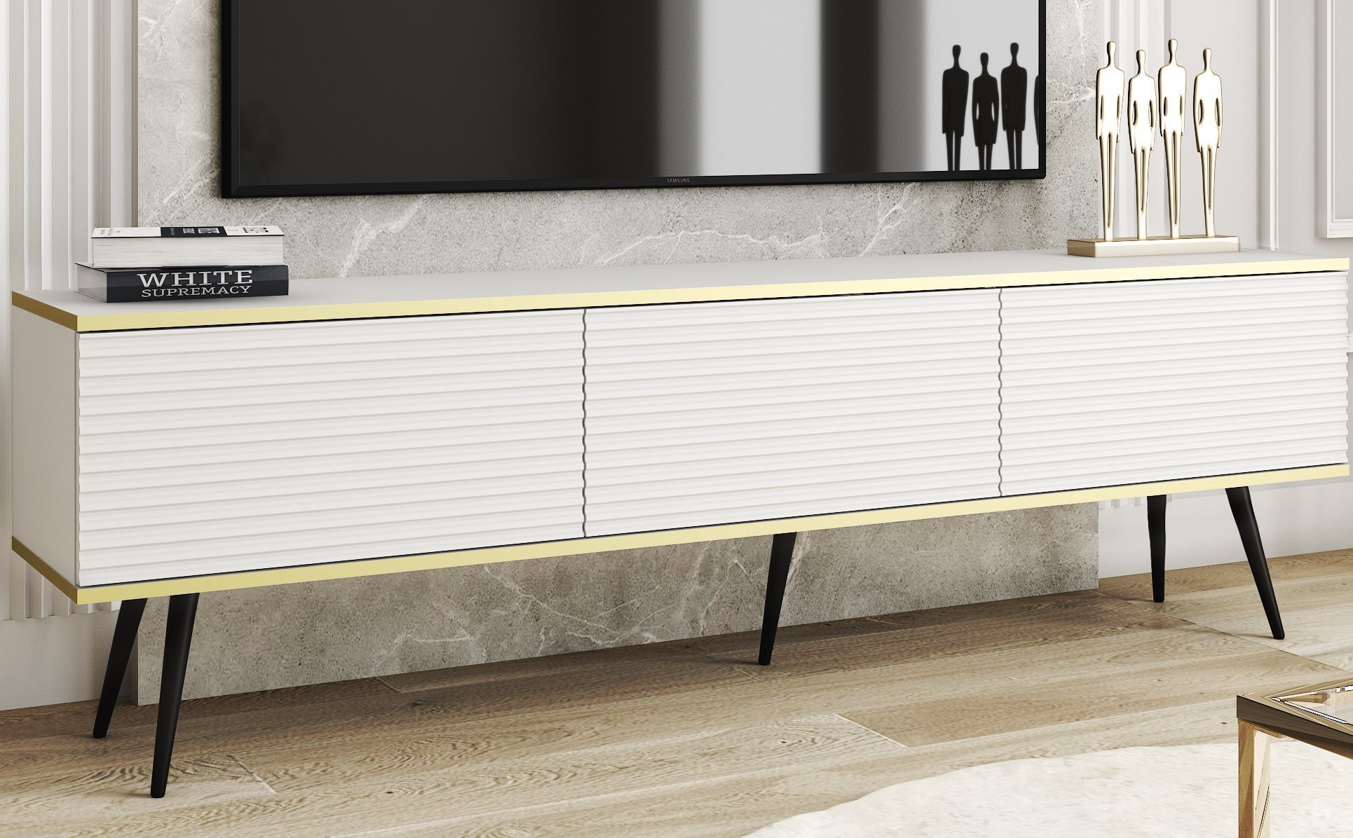 Meble Lindner Szafka RTV Komoda Glamour Biały Mat Nogi czarne metalowe Ryflowane fronty 175 cm