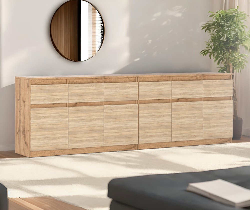 Komoda 240cm Do Salonu Sypialni 6 Szuflad Dąb Wotan Sonoma Szafka Drzwiczki