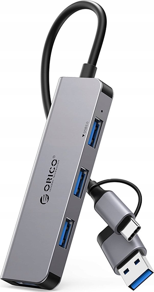 HUB 4-portowy input 2w1: USB-A/USB-C / output: 3x USB-A 2.0 + 1x USB-A 3.0 przewód 0,17M - szary