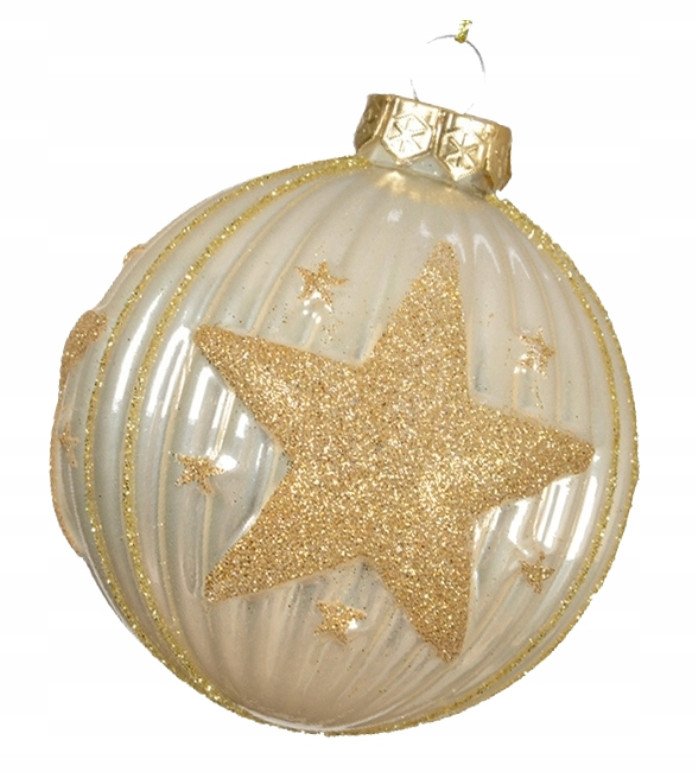 Bombka choinkowa 8 cm w kolorze złoto-perłowym dekorowana motywem gwiazdy