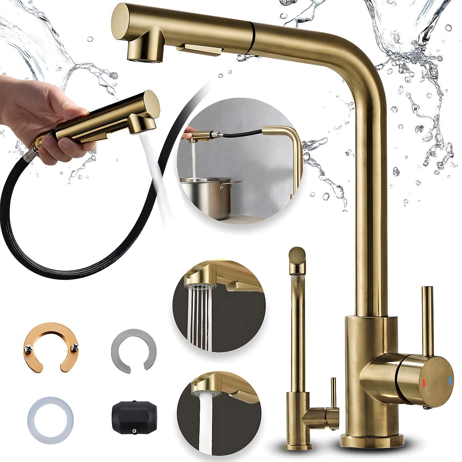 Bateria kuchenna Heckermann SZ-888 Złota Kran do zlewu z wyciąganą wylewką