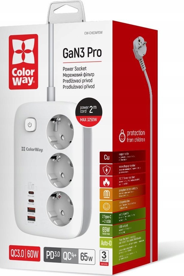 Colorway Przedłużacz Listwa zasilająca olorWay 3 gniazda/2USB +2 Type C 65W 2m (CWCHE34PDW)