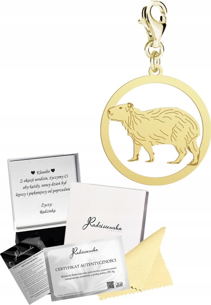 Radziszewska Jewellery Charms Złoty z Kapibarą Prezent Biżuteria Zawieszka 925 ŻYCZENIA GRATIS