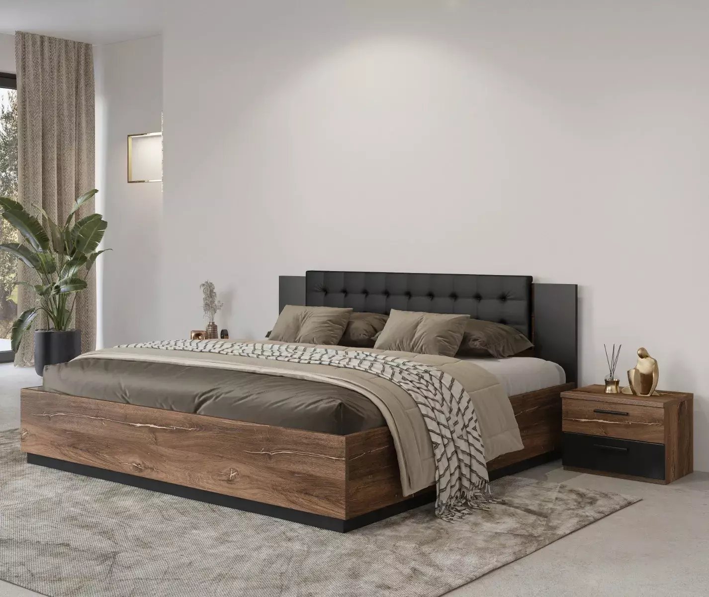 Łóżko SIGMA 160x200 dąb flagstaff miedziany/czarny mat z pojemnikiem HELVETIA