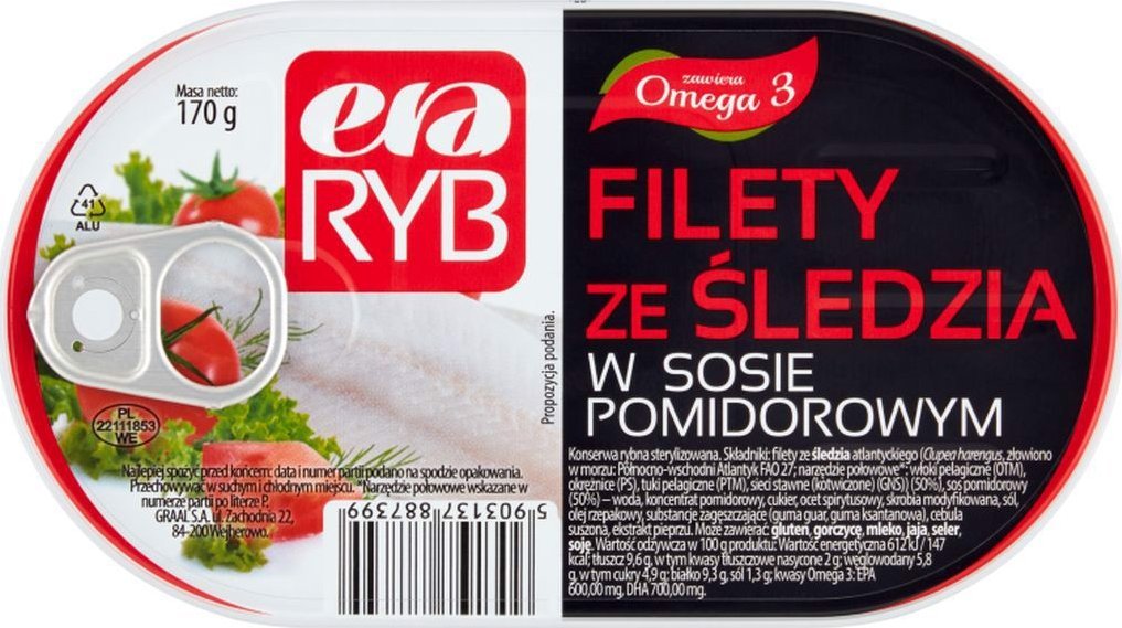 Graal Era Ryb Filety ze śledzia w sosie pomidorowym 170 g