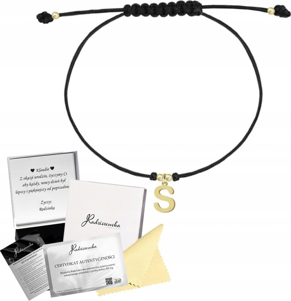 Radziszewska Jewellery Złota Bransoletka Inicjały Litera Sznurek 925 Prezent Kobieta DEDYKACJA