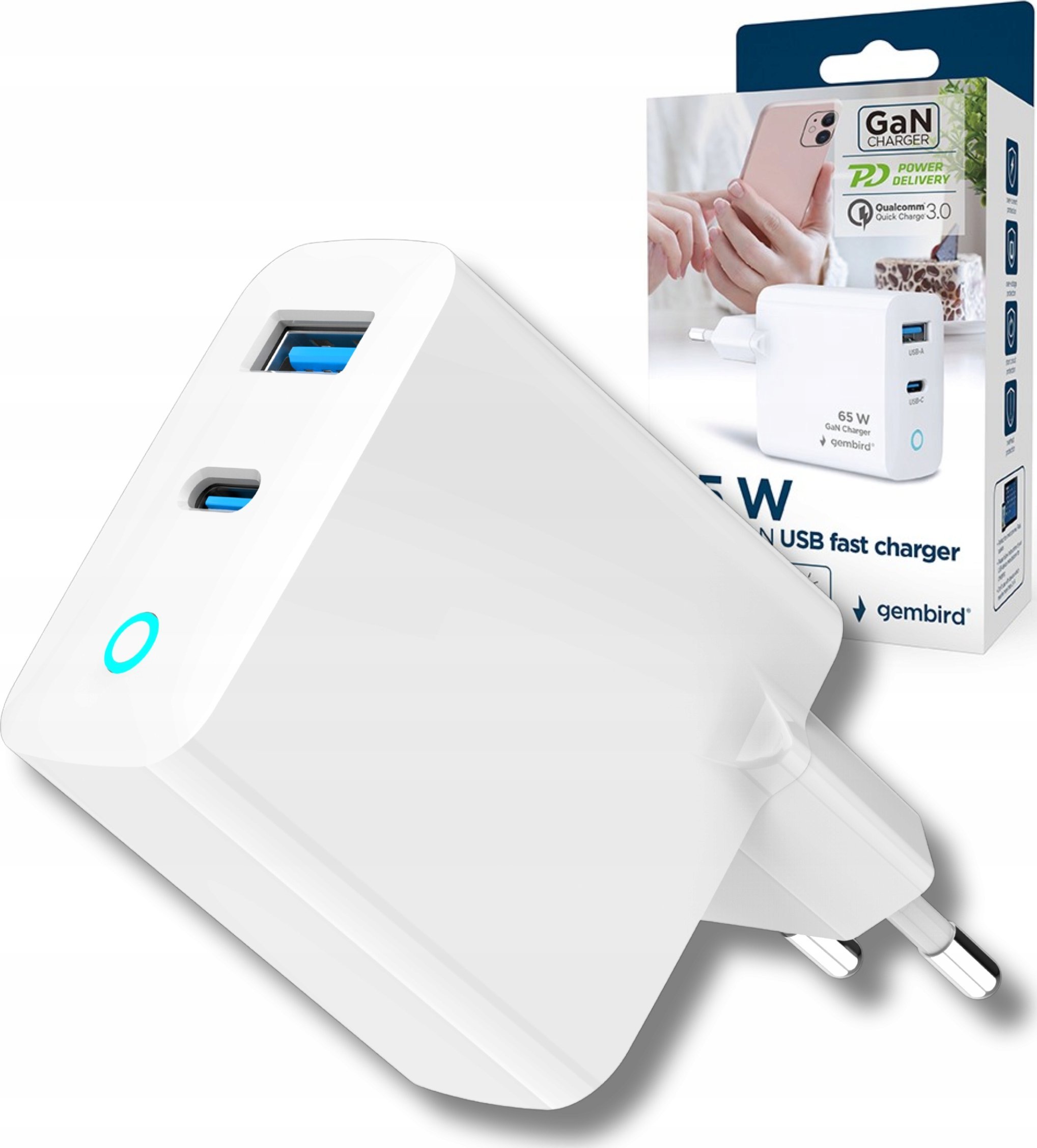 Ładowarka Gembird TA-UC-PDQC65L-W-01 1x USB-A 1x USB-C 3 A (TA-UC-PDQC65L-W-01)