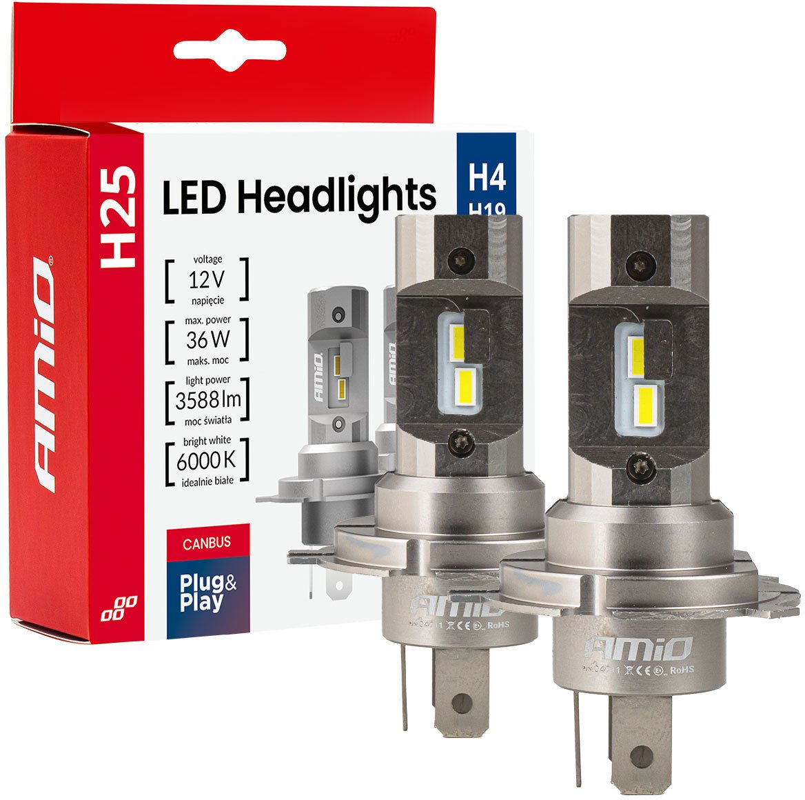 Żarówki samochodowe led seria h25 canbus h4 h19 12v 36w amio-04711