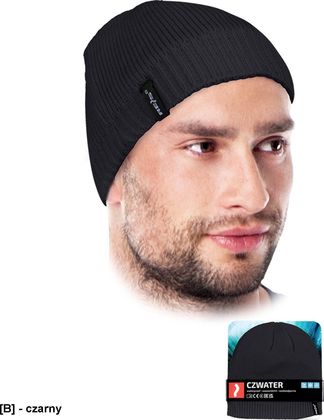 R.E.I.S. CZWATER - czapka ocieplana ochronna, zimowa wodoodporna, powłoka 100% przędza akrylowa, - czarny