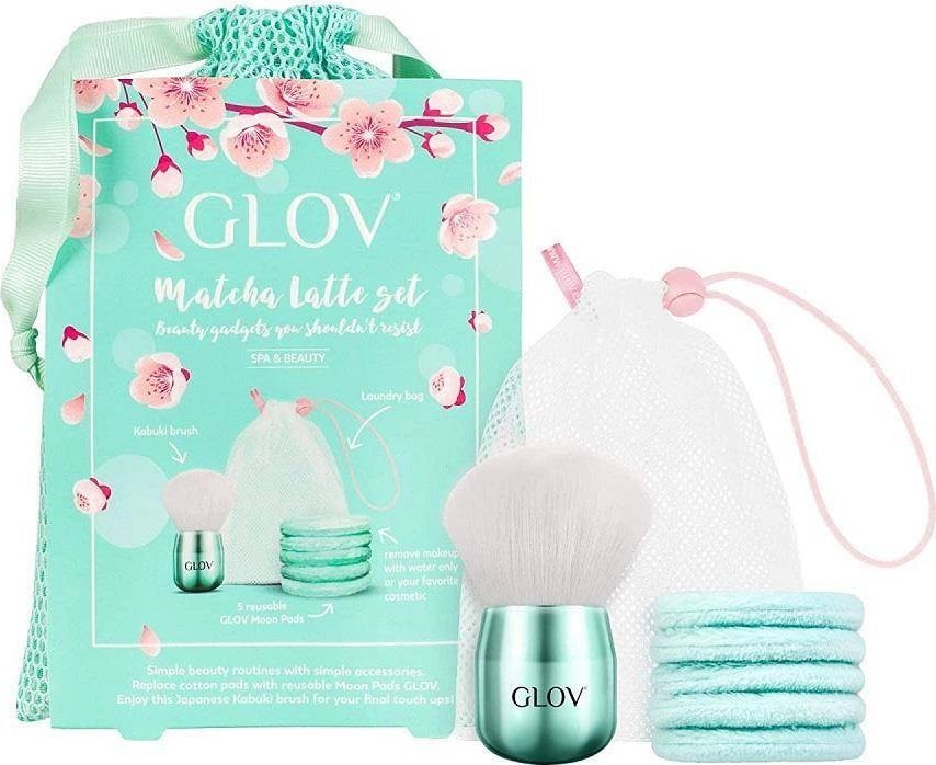 Glov Matcha Latte zestaw Moon Pads waciki do demakijażu 5szt + Kabuki Brush pędzel do makijażu + woreczek