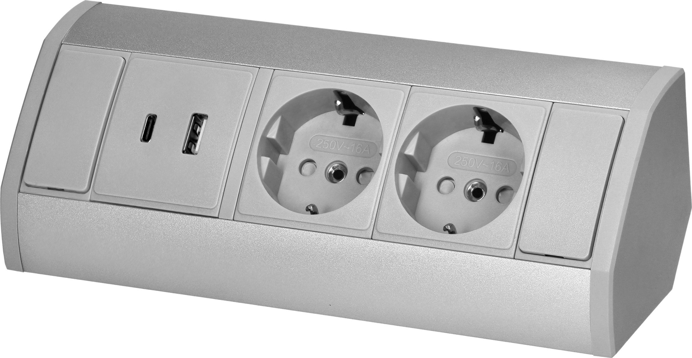 Orno Gniazdo meblowe 2x2P+Z (Schuko), 2xUSB (typ A+C; 2,4A), szaro-srebrne