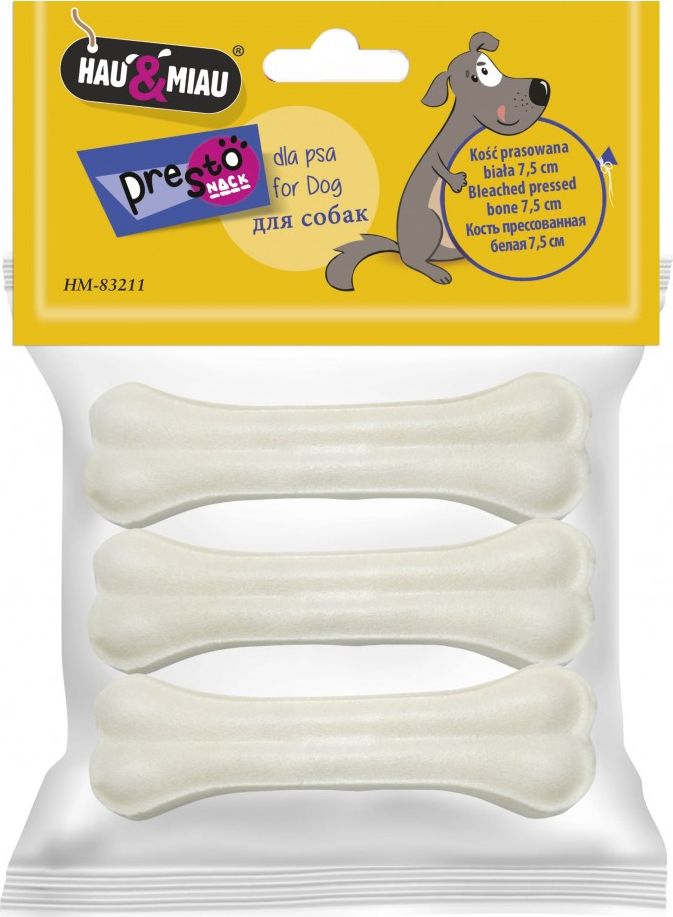 Hau&Miau KOŚĆ PRASOWANA BIAŁA ,7,5 cm, 3szt/op,45 g/op, 144 op/karton