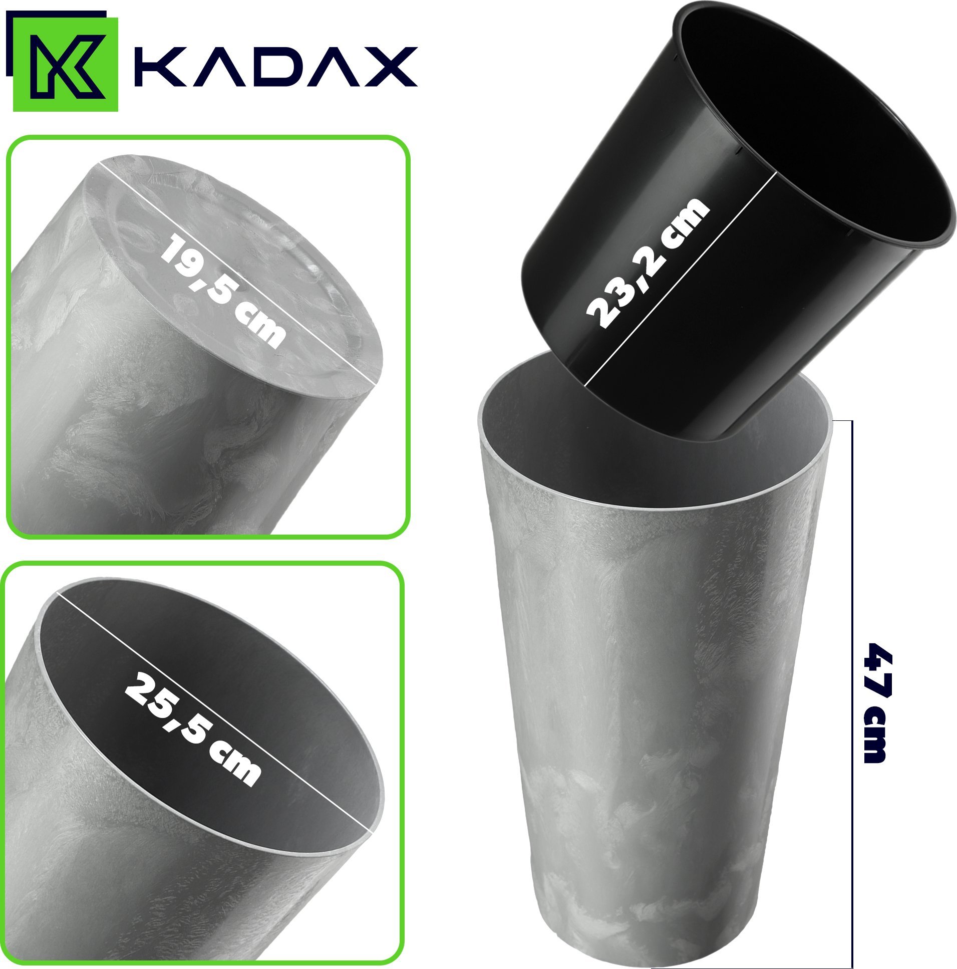 KADAX Doniczka Donica Na Kwiaty 47cm Osłonka Z Wkładem Kwietnik Plastikowa szara