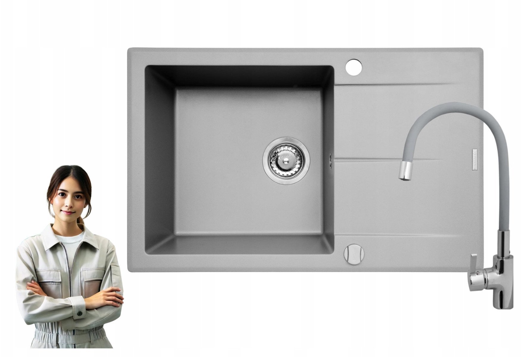 Zlew KEROS (76x48) 1B 1D szary-beton + bateria FLESSI