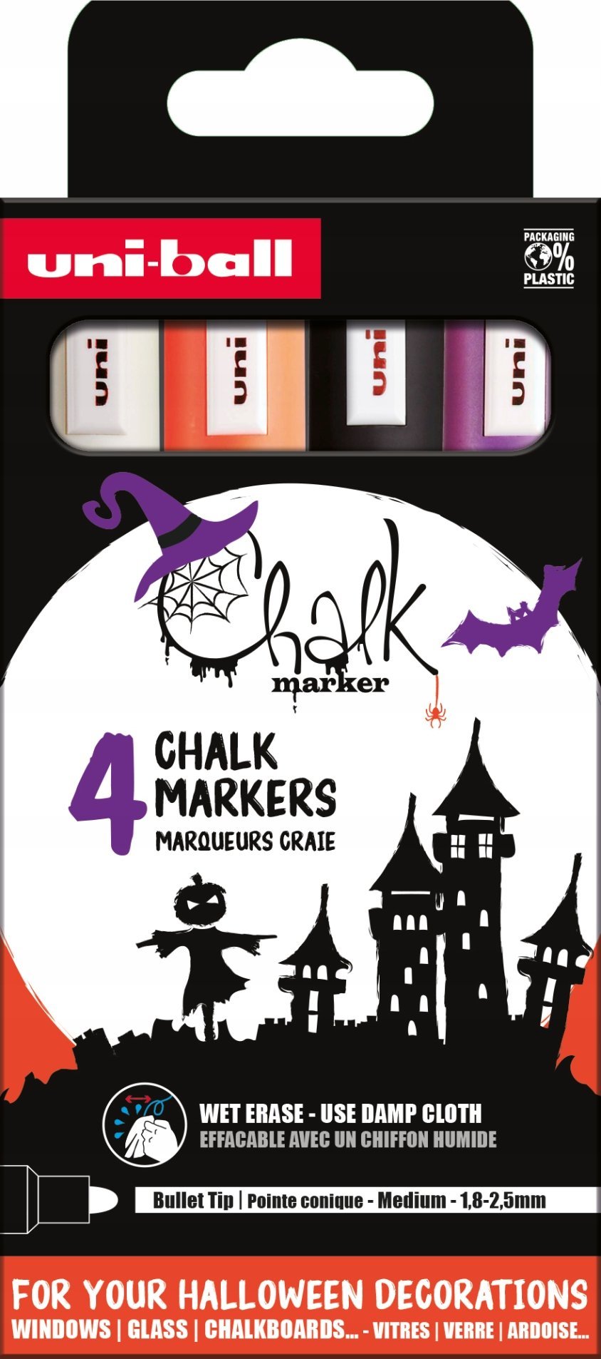 UNIBALL Uni Chalk marker zestaw Halloween z 4 sztuk (kolory white, black, purple, orange)