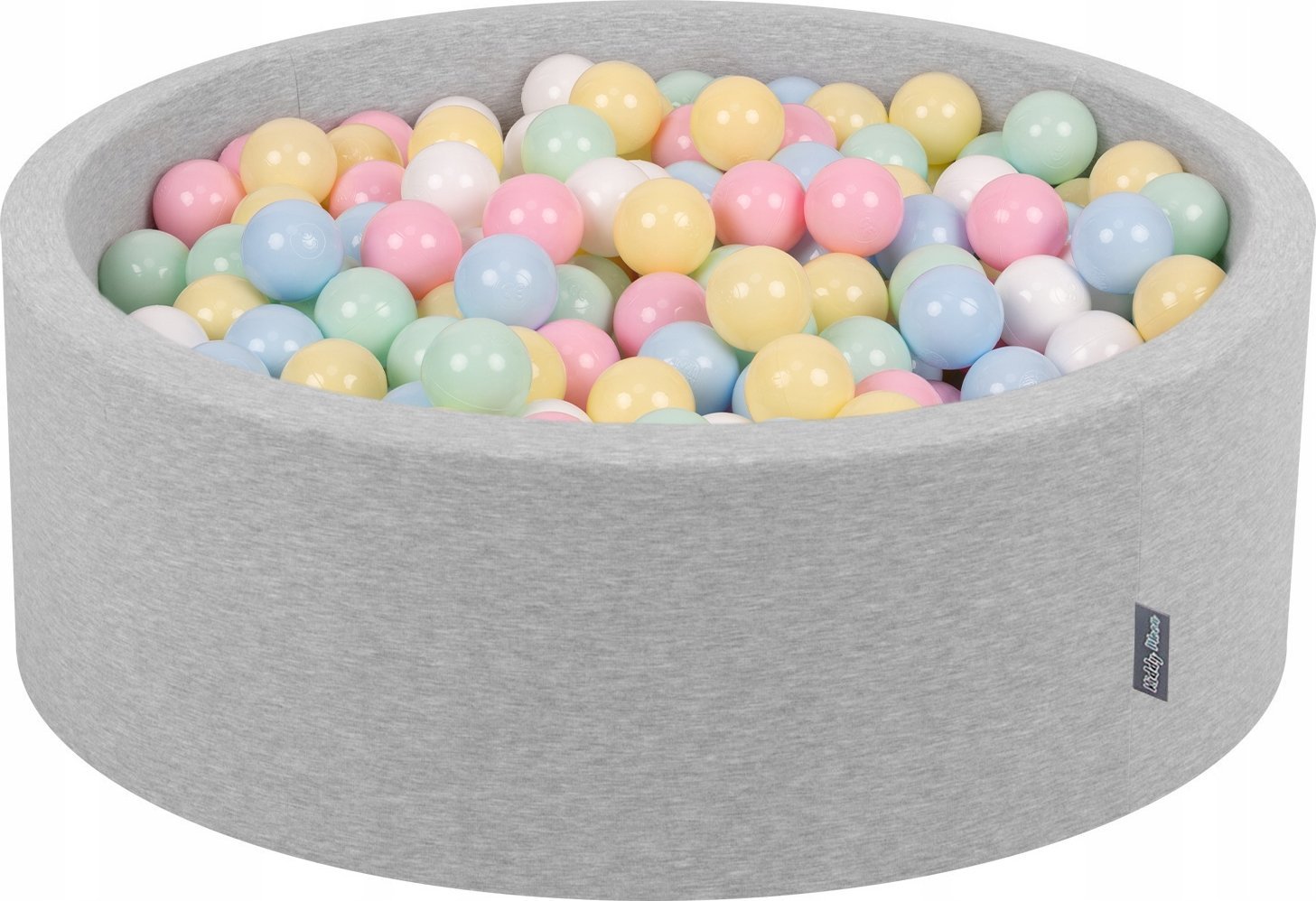KiddyMoon Suchy basen okrągły z piłeczkami 7cm jasnoszary: pastelowy niebieski-pastelowy żółty-biały-mięta-pudrowy róż 90x30cm/300piłek Zabawka basen
