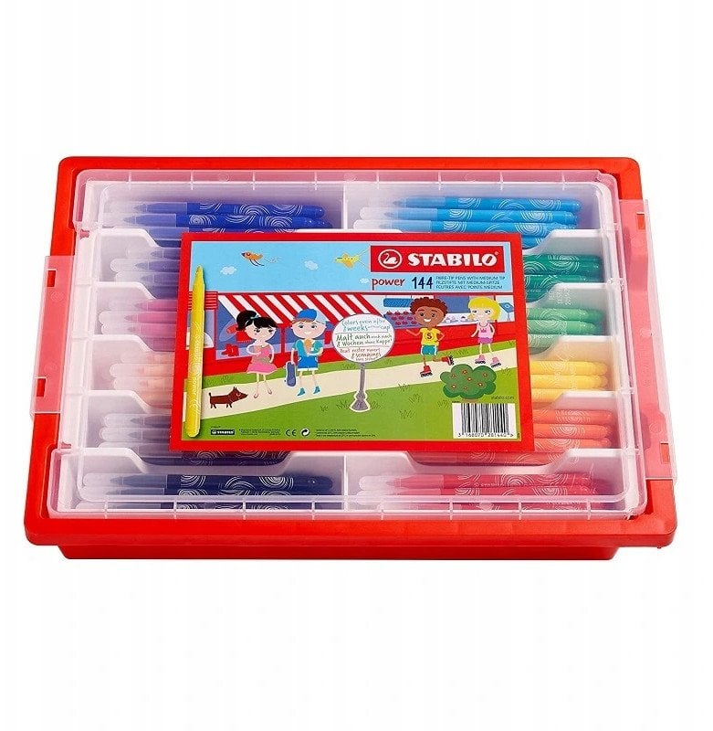 Stabilo Power Børnetusch Klassesæt med 12x12 farver i robust opbevaringsæske med låg - kan tåle at ligge uden hætte i op til 8 uger