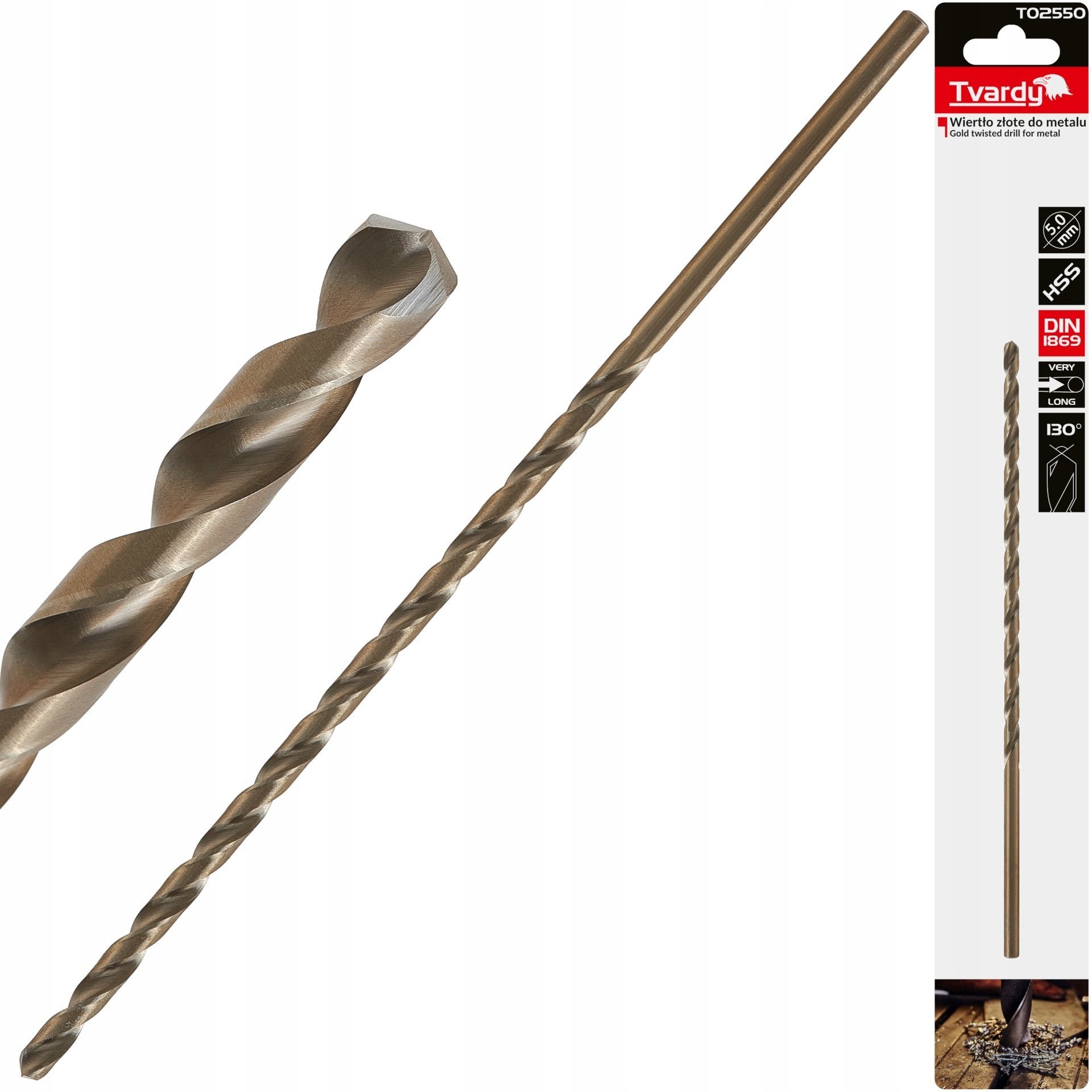 Wiertło złote do metalu długie 5.0 x 195mm HSS DIN1869 (50/200)
