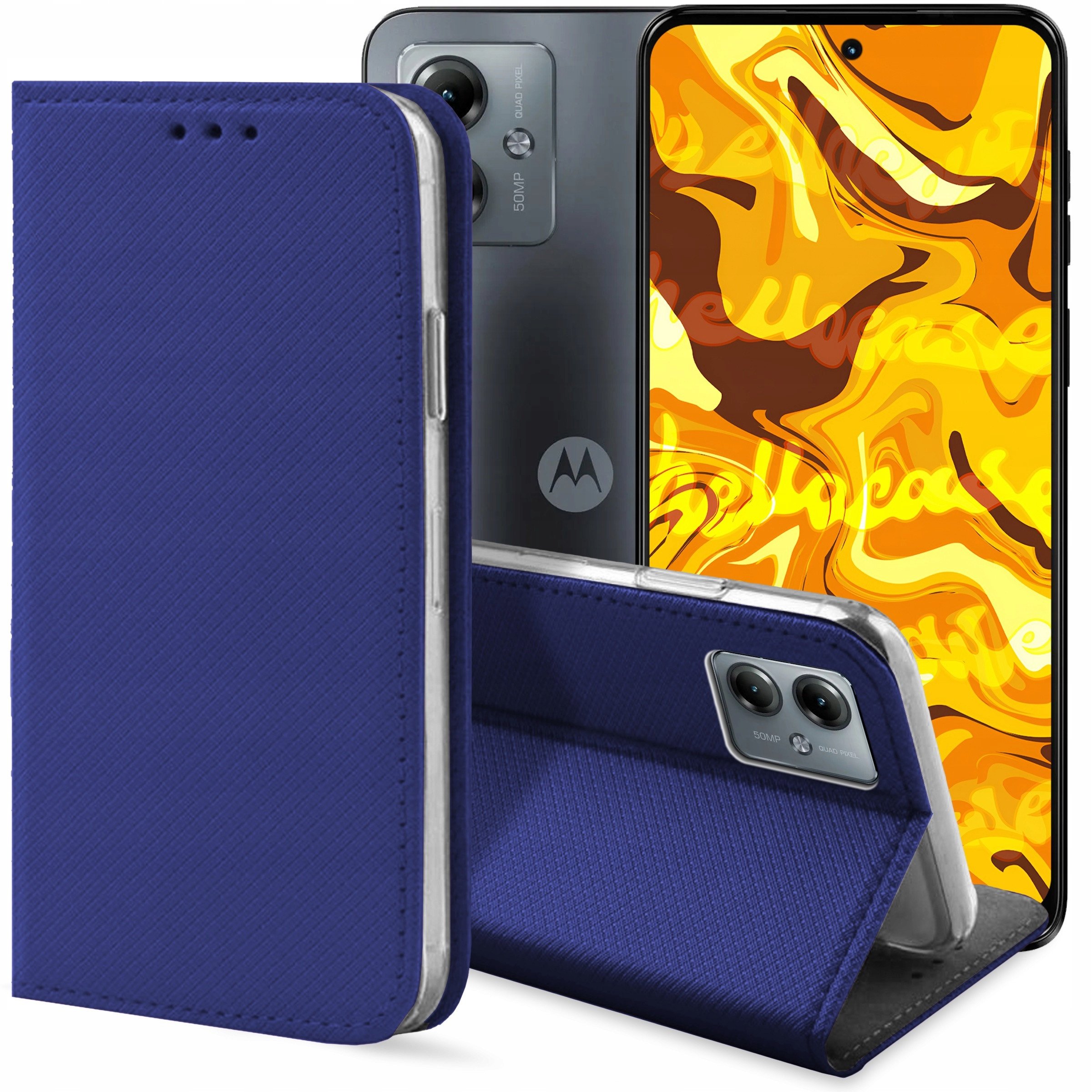 ETUI Z KLAPKĄ DO MOTOROLA MOTO G14 GRANATOWE ZAMYKANE MAGNETYCZNE KABURA