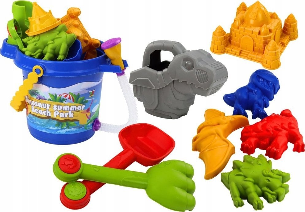 LeanToys Zestaw Do Piasku Wiaderko Z Prysznicem Łopatka Grabki Foremki Dinozaury