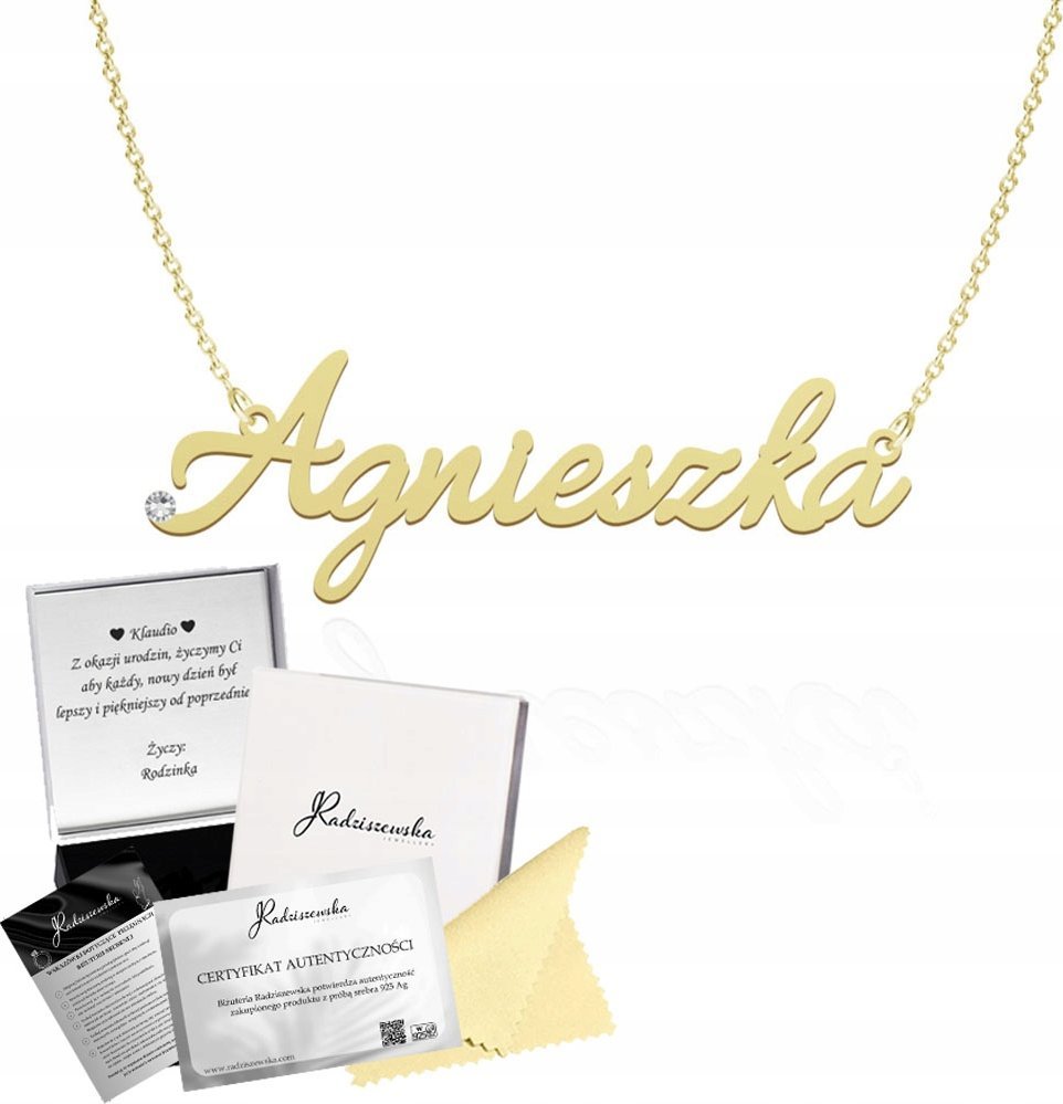 Radziszewska Jewellery Złoty Naszyjnik z imieniem AGNIESZKA Łańcuszek SREBRO 925 DEDYKACJA GRATIS